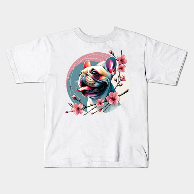 Joyful French Bulldog with Spring Cherry Blossoms Kids T-Shirt by ArtRUs